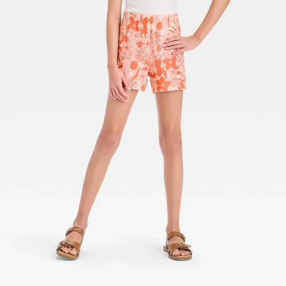 Disney Moana 2 Girls Small Peach Tropical Floral Cotton Gauze Shirt Shorts Set S